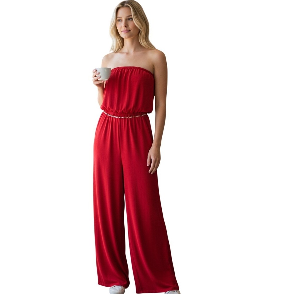 Strapless Red Wide-Leg Jumpsuit